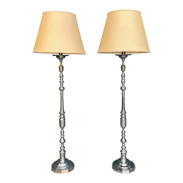 1940s French Nickel-Plated Floor Lamps With Hexagonal Shaped Bases - a Pair For Sale