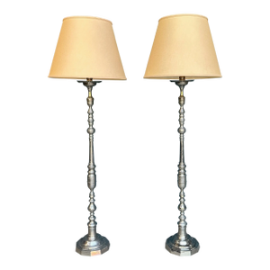 1940s French Nickel-Plated Floor Lamps With Hexagonal Shaped Bases - a Pair