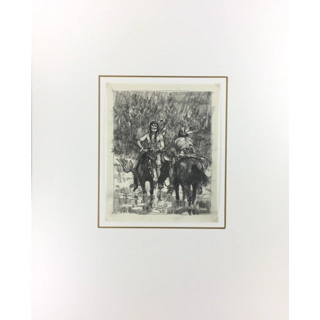 Charcoal drawing of two indigenous men resting on horseback as their horses drink from the river beneath them. Original...