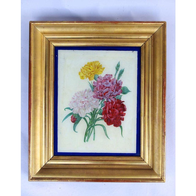 Pair of French Restoration style rectangular reverse glass paintings representing baskets of flowers on a white...