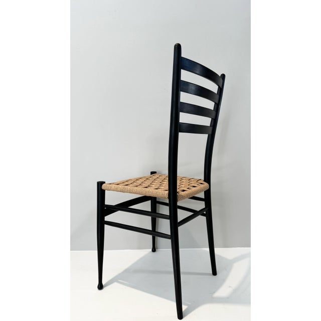 Set of Six Italian Gio Ponti Style Black Wood Ladder Back Dining Chairs With Danish Cord Woven Seats For Sale - Image 9 of 9