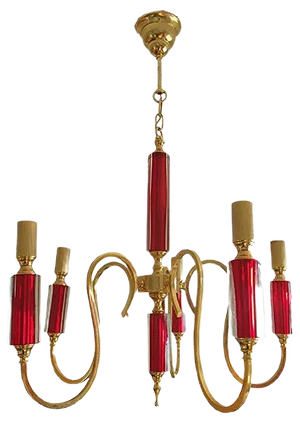 Vintage Brass & Red Crystal Chandelier