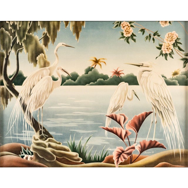 1940 Tropical Crane /Egret Scenic Print, Mirror Framed by Billy