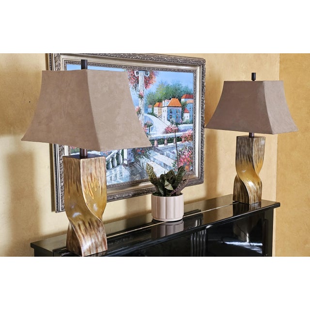 Mid-Century Modern Style Twisted Wood Look Table Lamps With Suede Lamp Shades - a Pair For Sale - Image 10 of 12