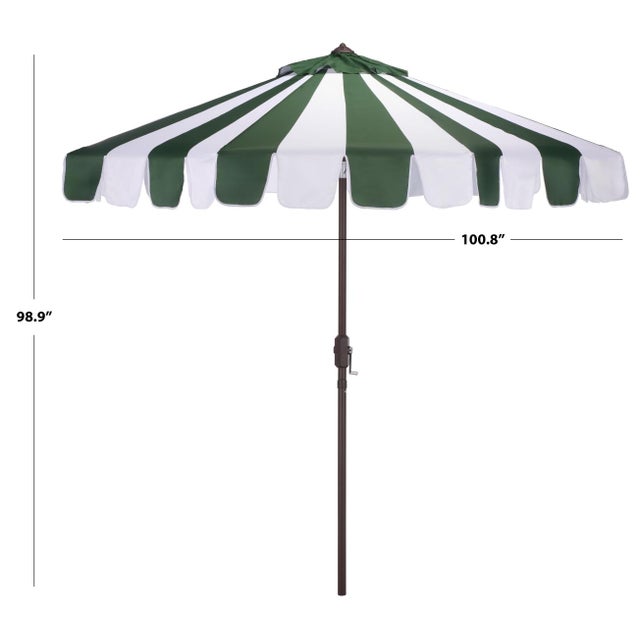 Modern Meze 9 Ft Crank Umbrella, Green Cabana Stripe/Brown Pole For Sale - Image 3 of 9