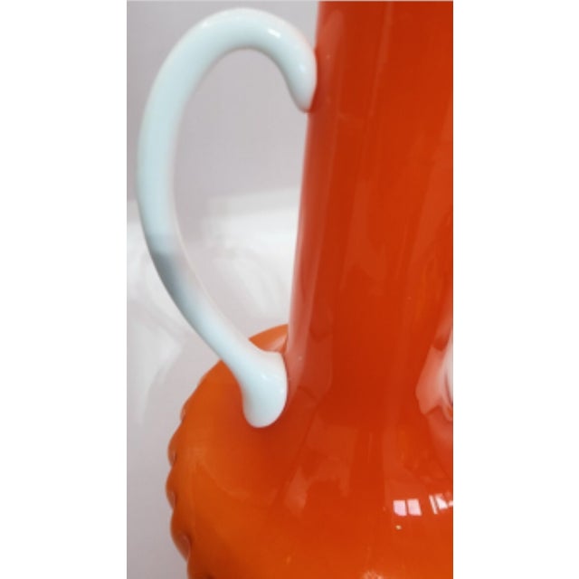 Glass Stunning Vintage Empoli Cased Glass Vase, Applied White Glass Handles For Sale - Image 7 of 11