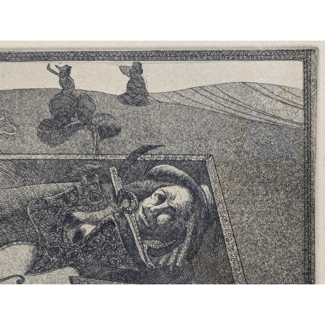 Surreal modern black and white etching by Texas based artist Lucas Johnson. The work features a prone figure wrapped in a...