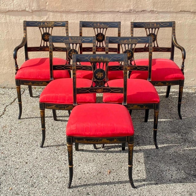Mid 20th Century Union National Chinoiserie English Regency Black Painted Dining Chair - Set of 6 For Sale - Image 13 of 13