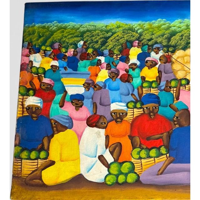 Vintage Haitian Folk Art Market Scene Oil Painting Signed F. Ambroise This original Haitian folk art painting captures the...