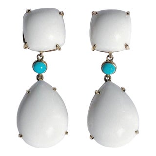Christina Addison Yellow Gold Pear Drop Earring With White Jade and Bezel Set Turquoise Accent For Sale