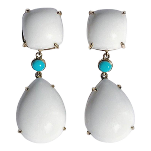 Christina Addison Yellow Gold Pear Drop Earring With White Jade and Bezel Set Turquoise Accent
