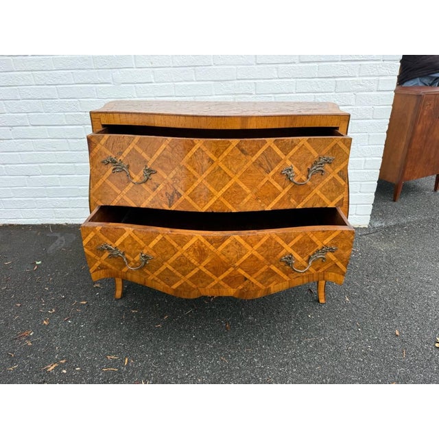 Brown Vintage Italian Rococo Style Burl Wood Marquetry Commode With Cabriole Legs For Sale - Image 8 of 12