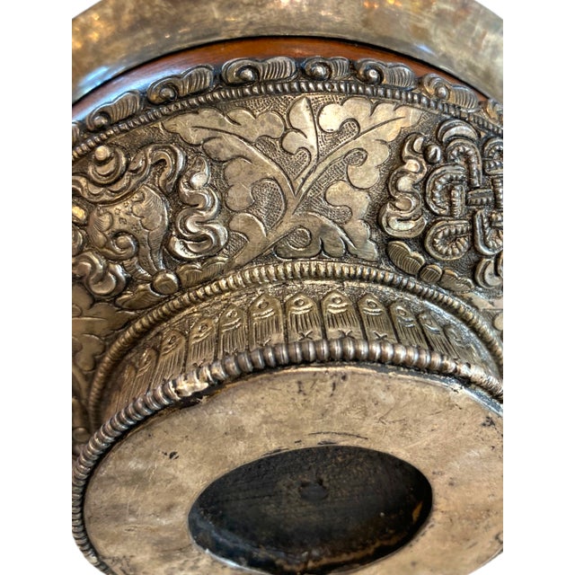Antique Tibetan Silver & Wood Jha Pho Tsampa Bowl – Buddhist Auspicious Decor For Sale - Image 10 of 15