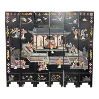 Chinese Coromandel Imperial Palace Courtyard Scene Six-Panel Screen For Sale