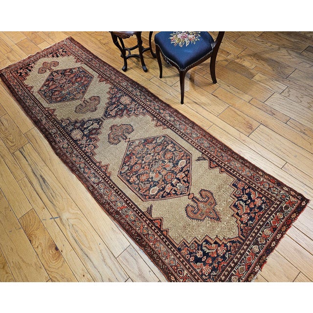 Antique Persian Serab Runner Rug, Hand-Knotted Wool, Geometric Medallion Pattern, Camel & Red, 4x11 For Sale - Image 10 of 12