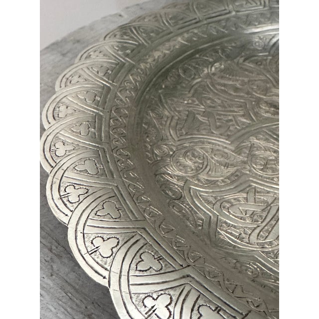 Metal 1940s Egyptian Islamic Engraved Silver Tray, Scalloped Rim For Sale - Image 7 of 9