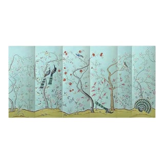 Chinoiserie Mural Peacock Wallpaper Hand Painted Artworks - 6 Panels For Sale