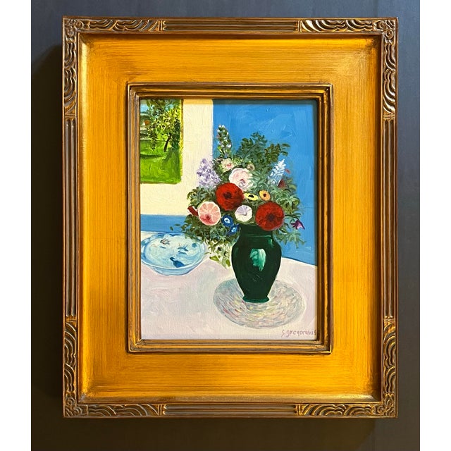 Realism Still Life Oil Painting, Flowers in a Green Vase by Satori Gregorakis For Sale - Image 3 of 3