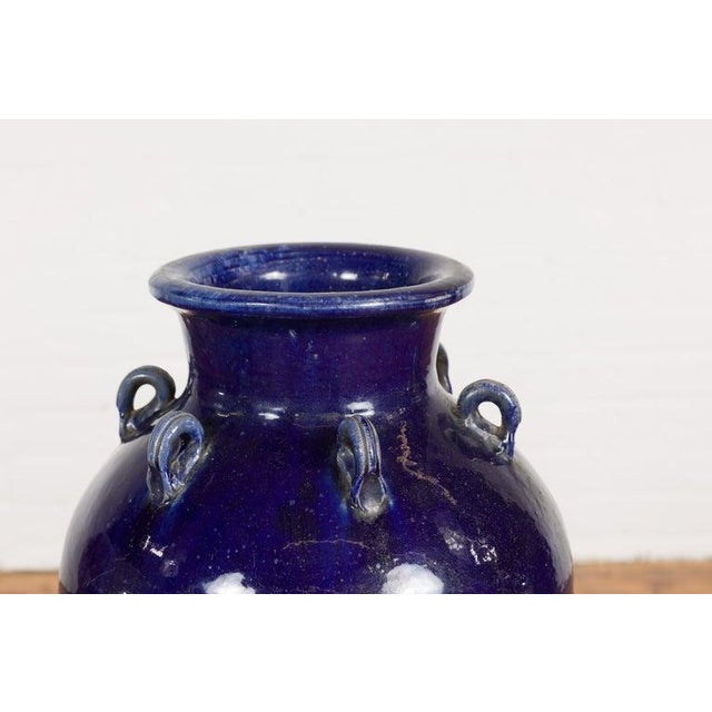 19th Century Large Antique Thai Cobalt Blue Martaban Jar with Raised Motifs For Sale - Image 4 of 12