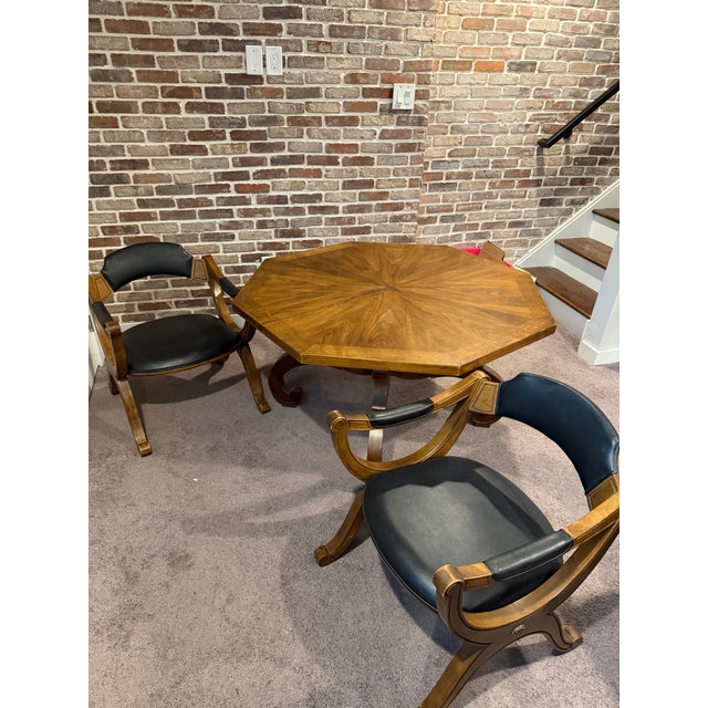 Brown 1960s Drexel Esperanto Walnut Octagonal Dining Table and Curule Chairs – 3 Pieces For Sale - Image 8 of 12