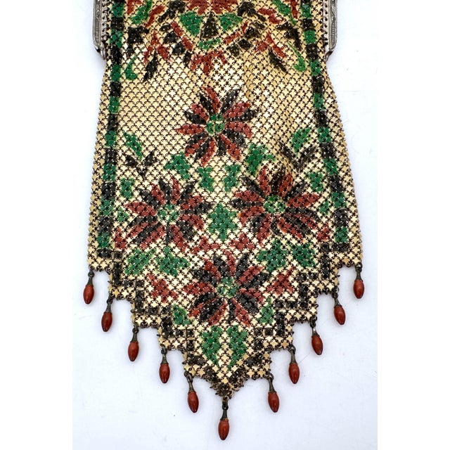 Mandalian Art Deco Flapper Enamel Mesh Purse with Floral Motif and Drop Beads For Sale - Image 17 of 18