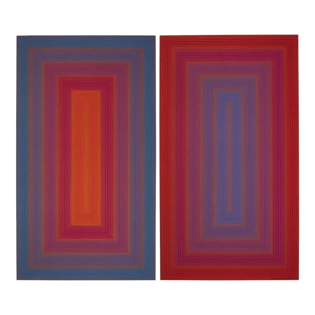 1977 Pair of Modern Abstract Richard Joseph Anuszkiewicz Screenprints "Works Blue to Red Portal and Red to Blue Portal" on Masonite For Sale