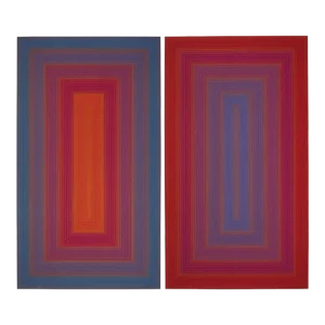 1977 Pair of Modern Abstract Richard Joseph Anuszkiewicz Screenprints "Works Blue to Red Portal and Red to Blue Portal" on Masonite