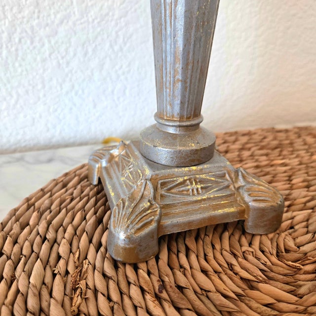 1970s Traditional Silver Metallic Table Lamp With Beige Bell Fringe Shade For Sale - Image 9 of 11