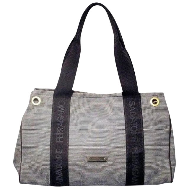 Salvatore Ferragamo Vintage Nautical Striped Navy Canvas Tote For Sale