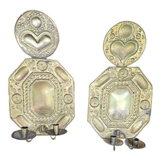 Antique Pair of Hammered Brass Folk Art Swedish Two Arm Sconces - Set of 2 For Sale