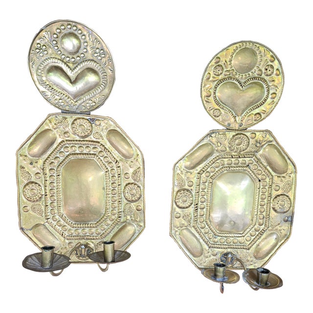 Antique Pair of Hammered Brass Folk Art Swedish Two Arm Sconces - Set of 2 For Sale