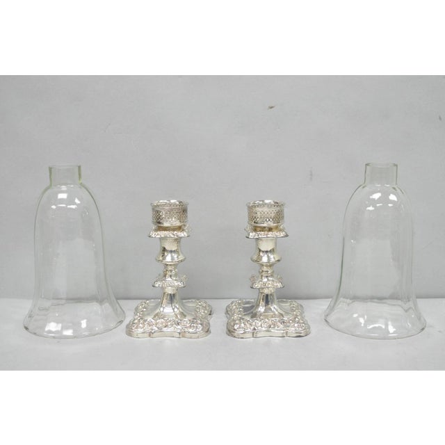 Antique Victorian Silver Plated Glass Hurricane Lamp Shade Candlestick - Pair For Sale - Image 17 of 18