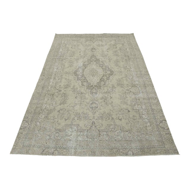 Tabriz Rug 7’11” X 10’8” Beige Wool Vintage Distressed Hand-Knotted Carpet For Sale