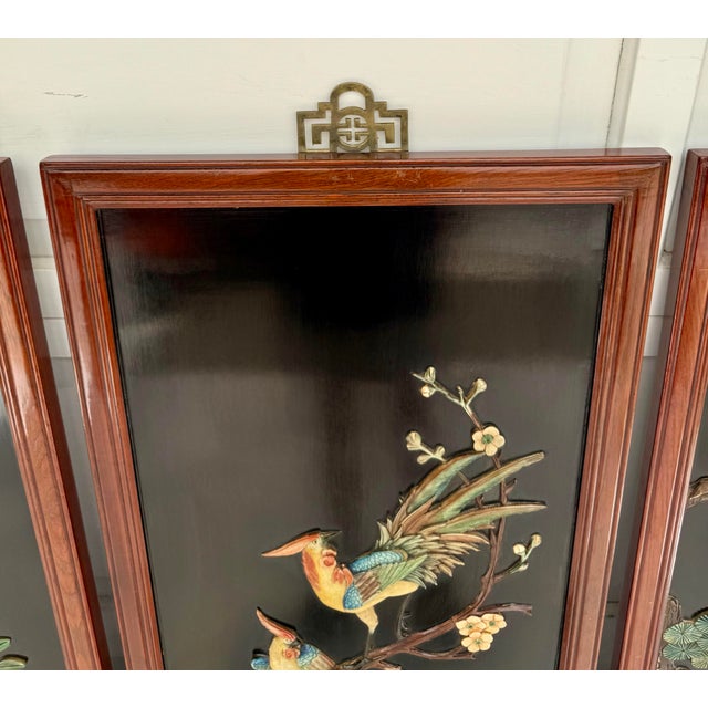 Black Set of 4 Asian Chinoiserie Hand Carved Soapstone and Lacquer Wall Art Panels For Sale - Image 8 of 12