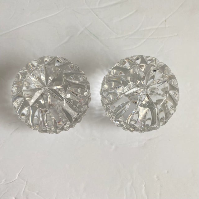 Transparent Waterford Crystal Taper Candlestick Holders Crosshatch Snowball Signed a Pair For Sale - Image 8 of 9