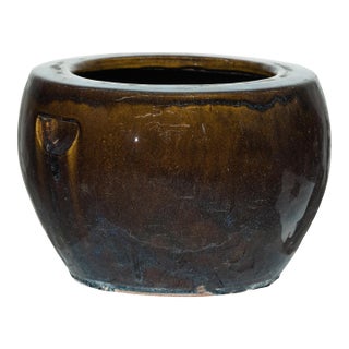 Vintage Chinese Brown and Blue Glazed Ceramic Planter with Rounded Form For Sale