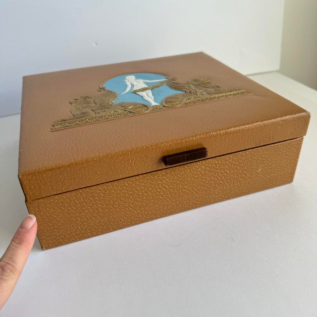 Vintage Neoclassical Style Box Roman Woman Winged Lion Leatherette Covered Bakelite Handle For Sale - Image 6 of 12
