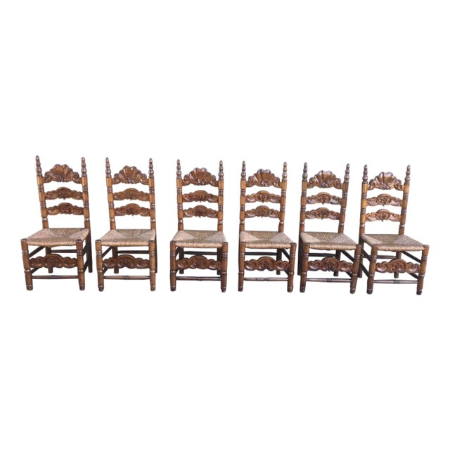 20th Century Set of Six Catalan Chairs in Carved Walnut and Caned Seats For Sale