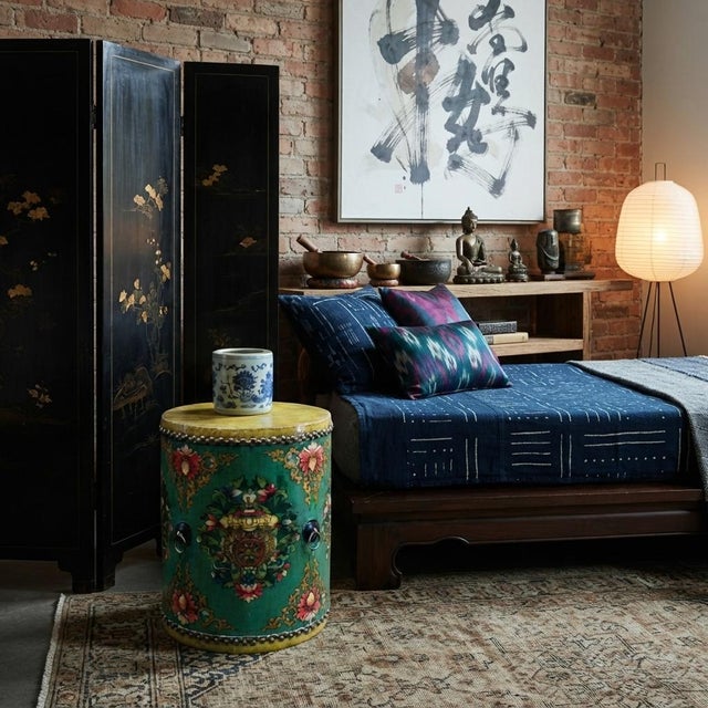 Teal Turquoise Green Tibetan Drum Style Lotus Jewel Graphic Table Stool For Sale - Image 4 of 11