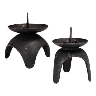 Pair of Modernist Black Iron Candle Holders For Sale