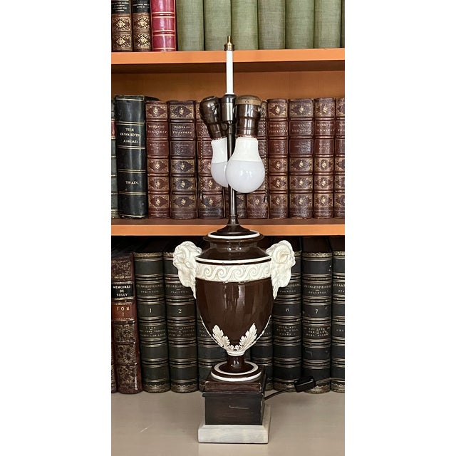 Ceramic Fine Antique 19th Century Italian Creamware Urn With Goat Mask Handles Mounted as a Table Lamp For Sale - Image 7 of 15