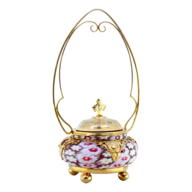 Gold-Plated Silver and Murano Glass Bonbonniere with Floral Motifs Embossing and Spherical Feet For Sale