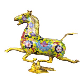 Late 19th Century Cloisonné Enamel Galloping Horse Statue on Swallow Base, 980g For Sale