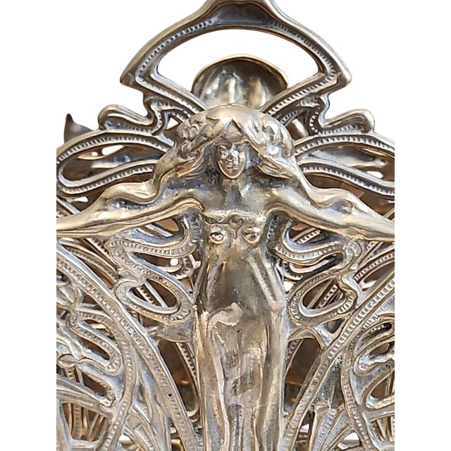 Gorgeous English Art Nouveau brass letter caddy, in excellent condition, with minimal patina. Goddess figurine over...