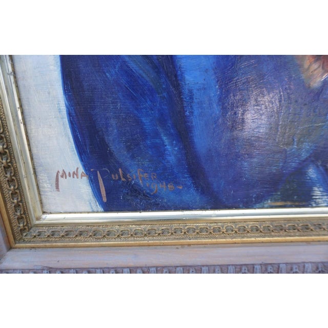 Portraiture Mina Pulsifer - Anne in a Blue Dress, Oil on Masonite c.1948 For Sale - Image 3 of 8