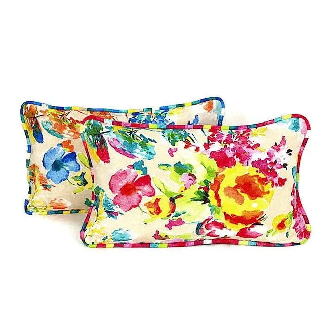 Vintage Pierre Frey Style Watercolor French Floral Reversible Lumbar Pillow With Piping For Sale - Image 10 of 13