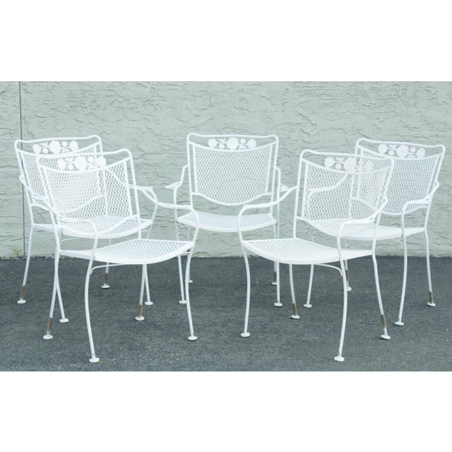 High Quality Vintage Set of 5 White Painted Wrought Iron Armchairs, Rose Pattern