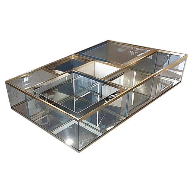 Vintage Italian Crystal Coffee Table with Brass Details For Sale