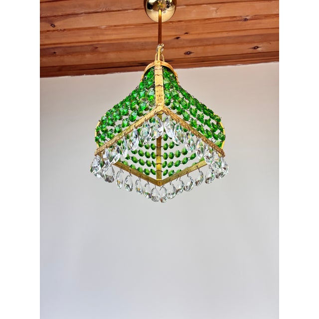 Pair Match 1960s Mosque Chandelier – Emerald Green Crystal Brass Pendant Light For Sale - Image 13 of 13