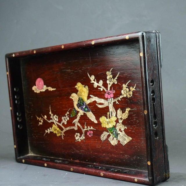 Traditional Wooden Tea Tray With Mother-of-Pearl Bird and Floral Inlay For Sale - Image 3 of 9